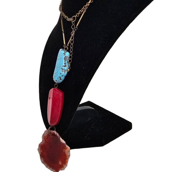 Boho Gemstone Necklace With Turquoise Red & Agate Stones On Antique Brass Chain - Picture 5 of 8